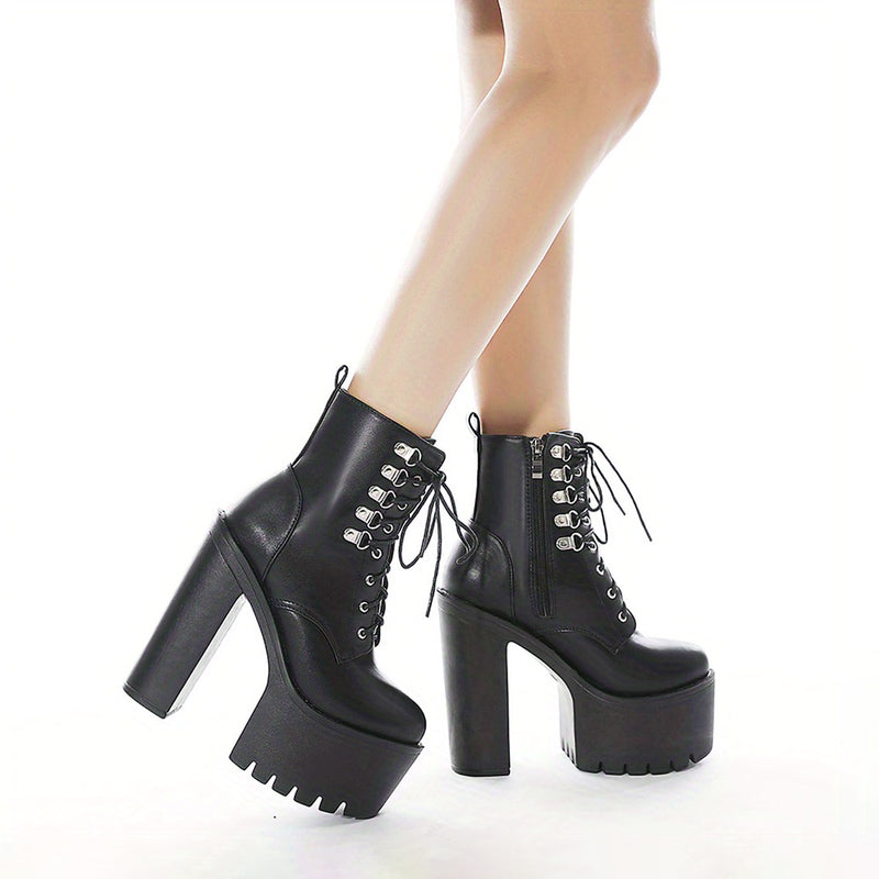 Women's Platform Lace Up Mid Calf Boots Chunky Block High Heels Zipper  Booties | eBay