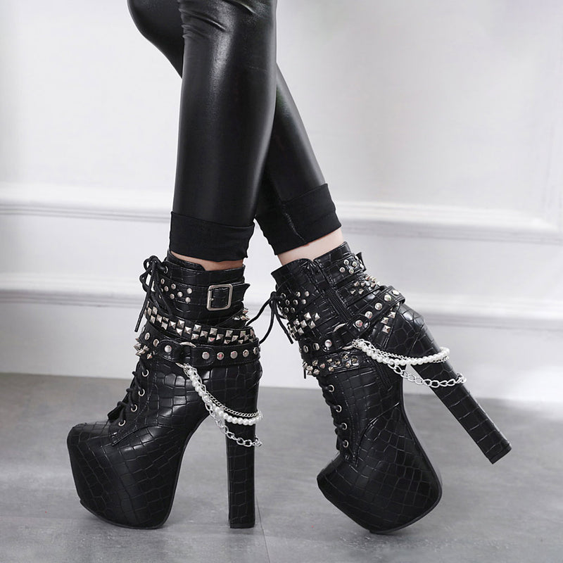 High heel booties - Women's sizes 6-11 - black lace open toe heel front  lace-up - platform stiletto heel | Enjoyables By JR