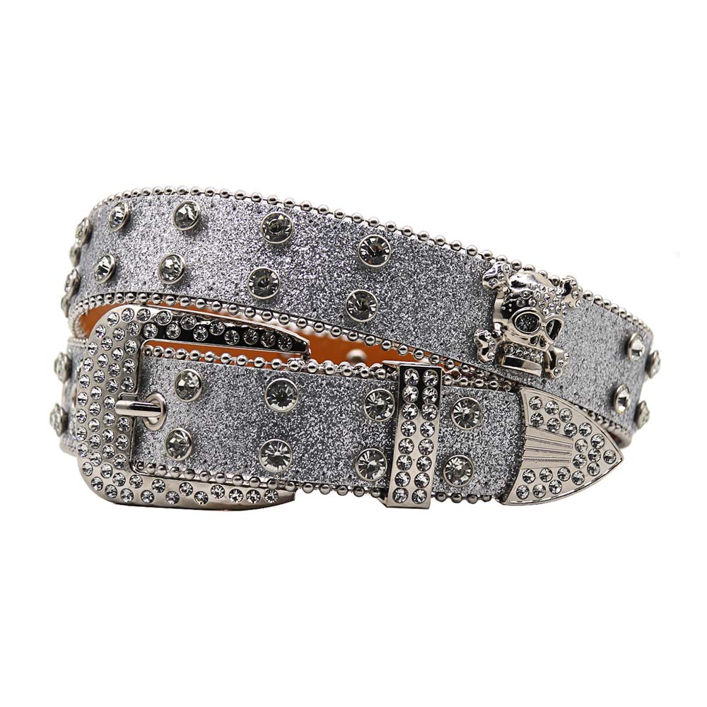 Silver Rhinestone Skull Belt #color_silver