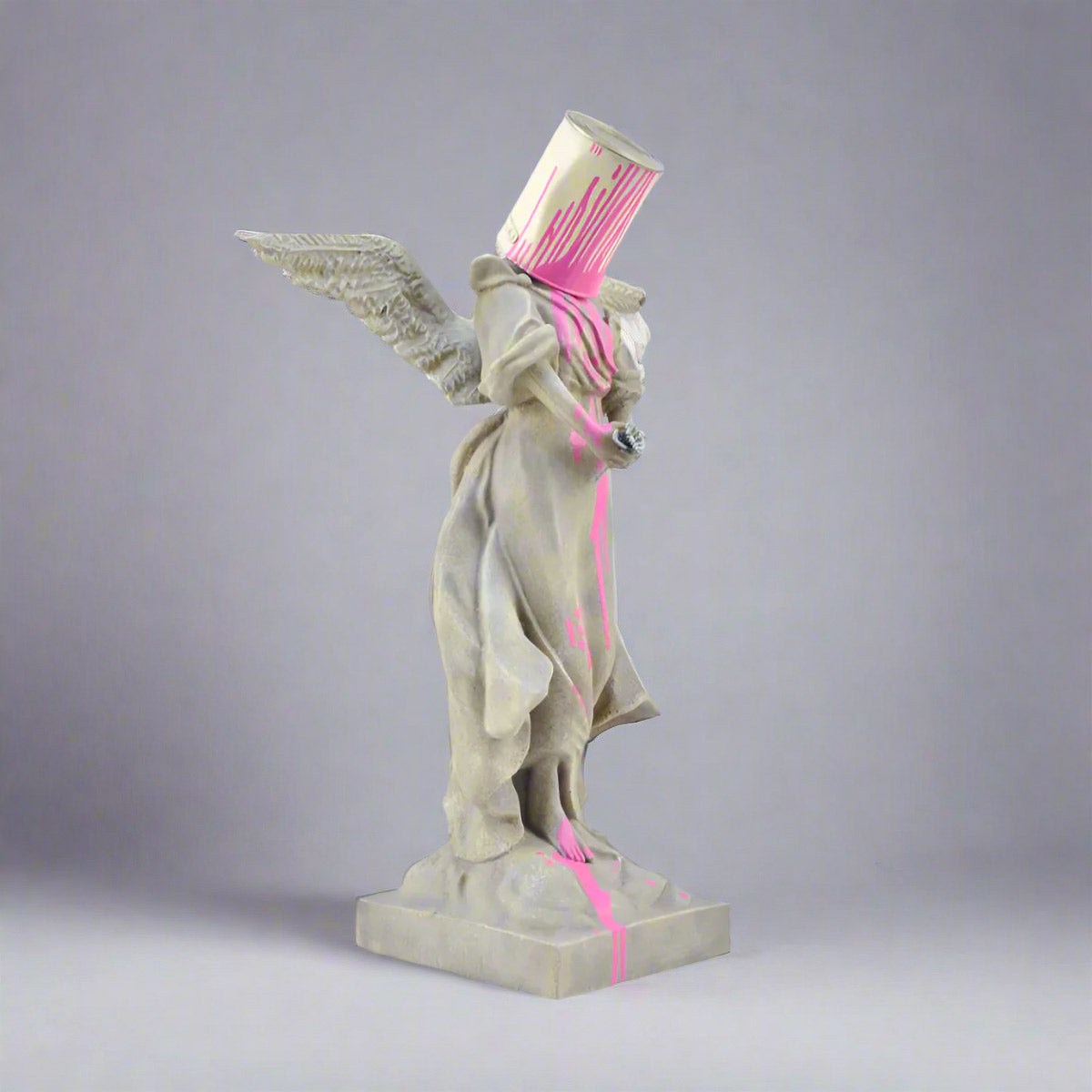 Modern Street Art Angel Statue with Pink Paint Drip Effect Urban Home Decor