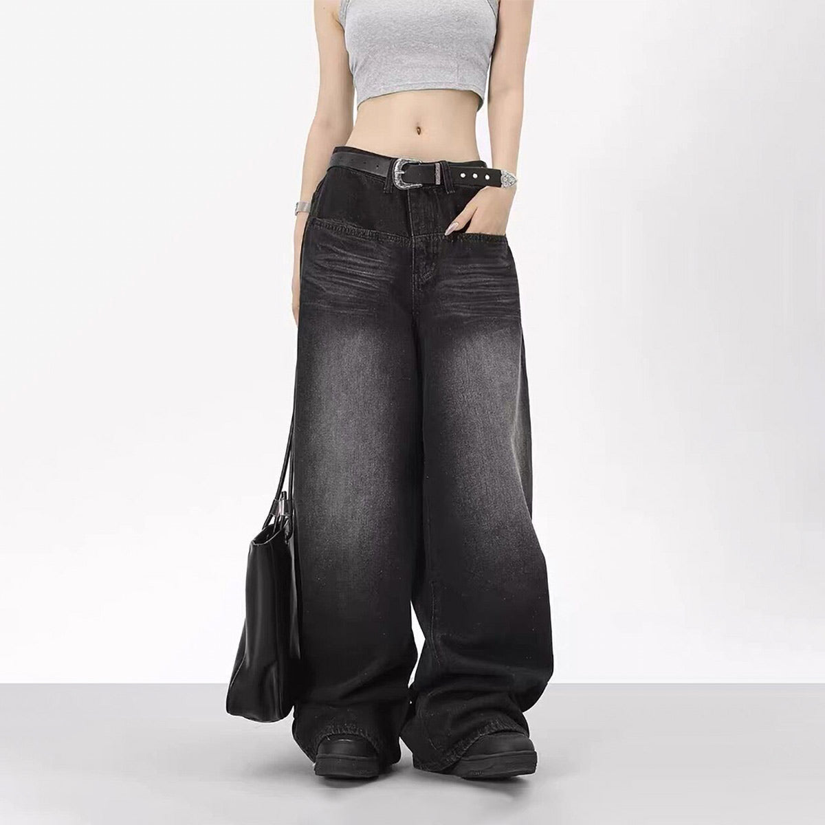 Washed Baggy Wide Leg Jeans in Black - Vintage Denim Pants