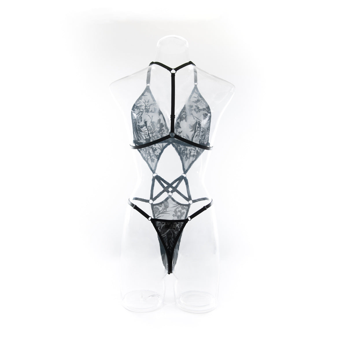 Back view of provocative open back bodysuit with single strap