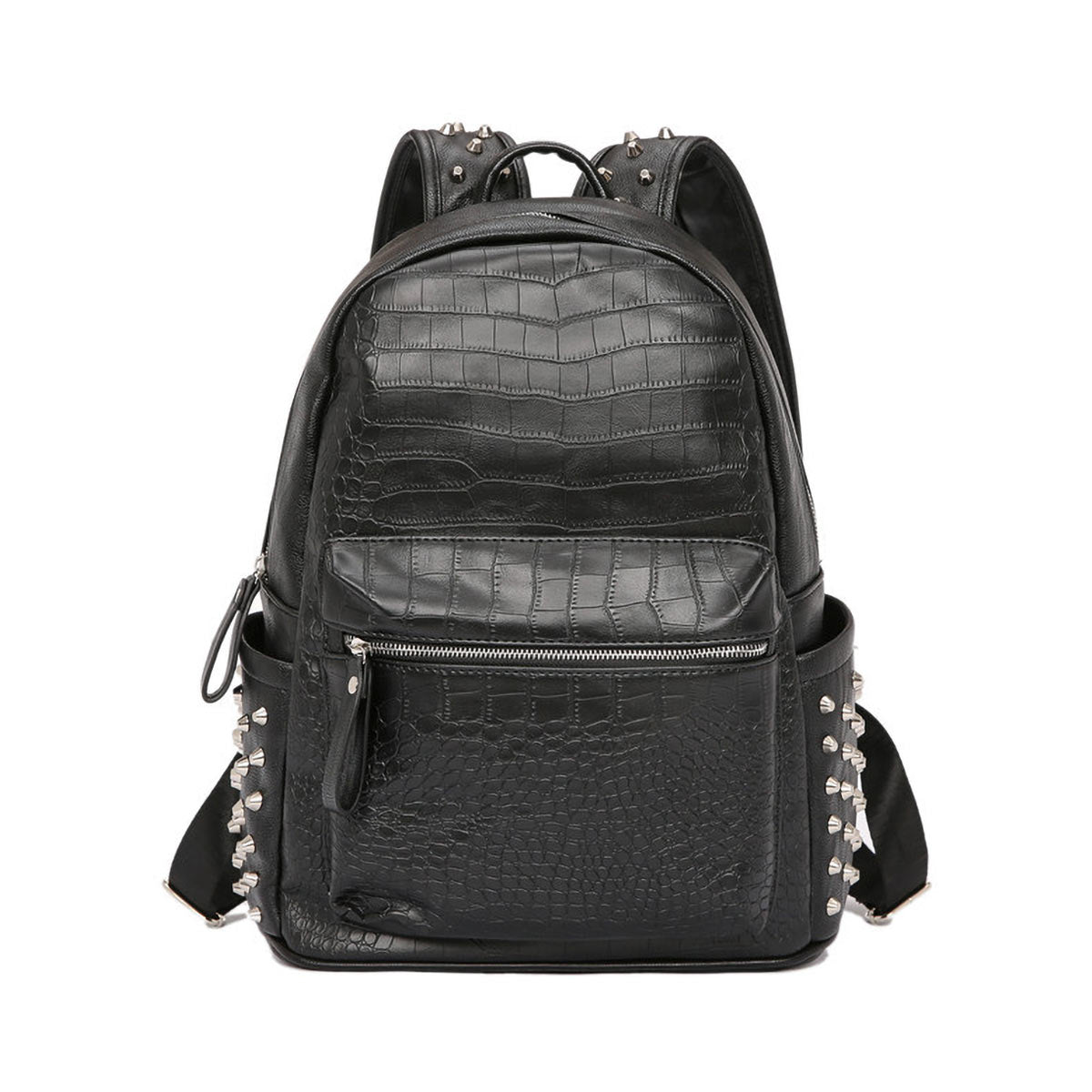 Black PU leather backpack with metal spikes and alligator pattern