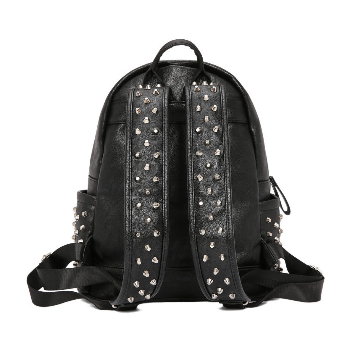 Edgy punk rock backpack with studded design on black faux leather