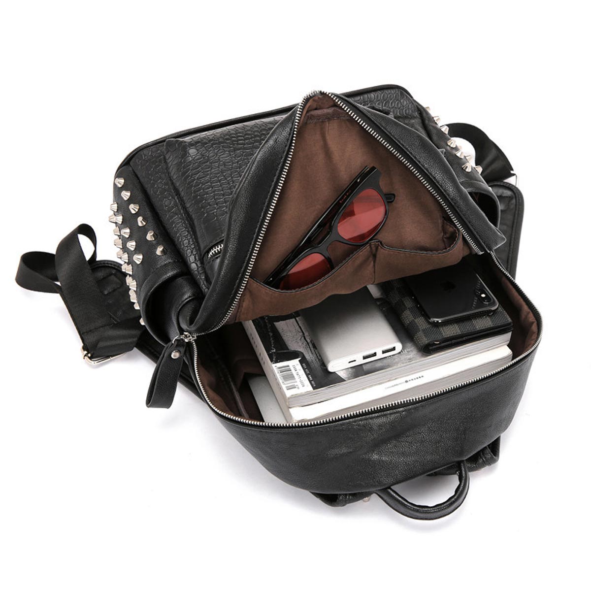 Unisex spiked backpack for laptop, black alligator texture