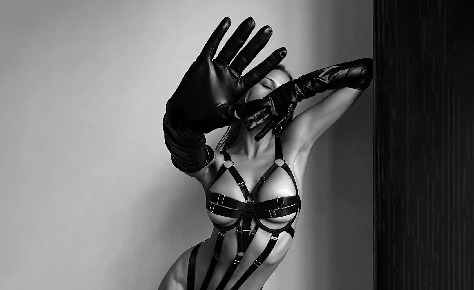 Black and white artistic photograph of a person wearing strappy lingerie and a glove in a dramatic pose.