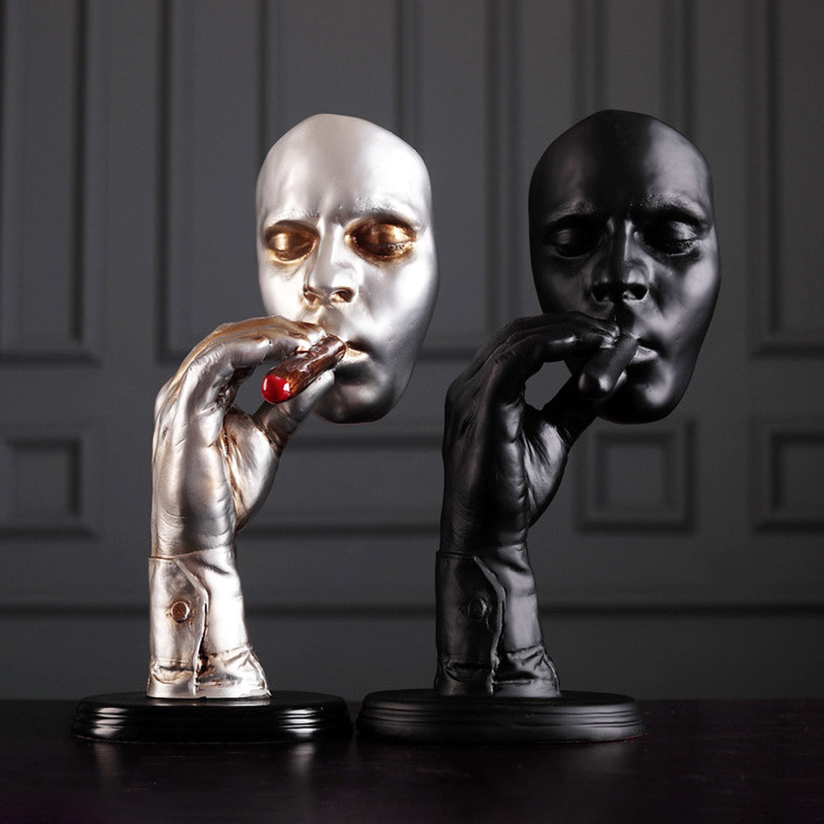 Elegant cigar smoker sculptures - black and silver man cave decor