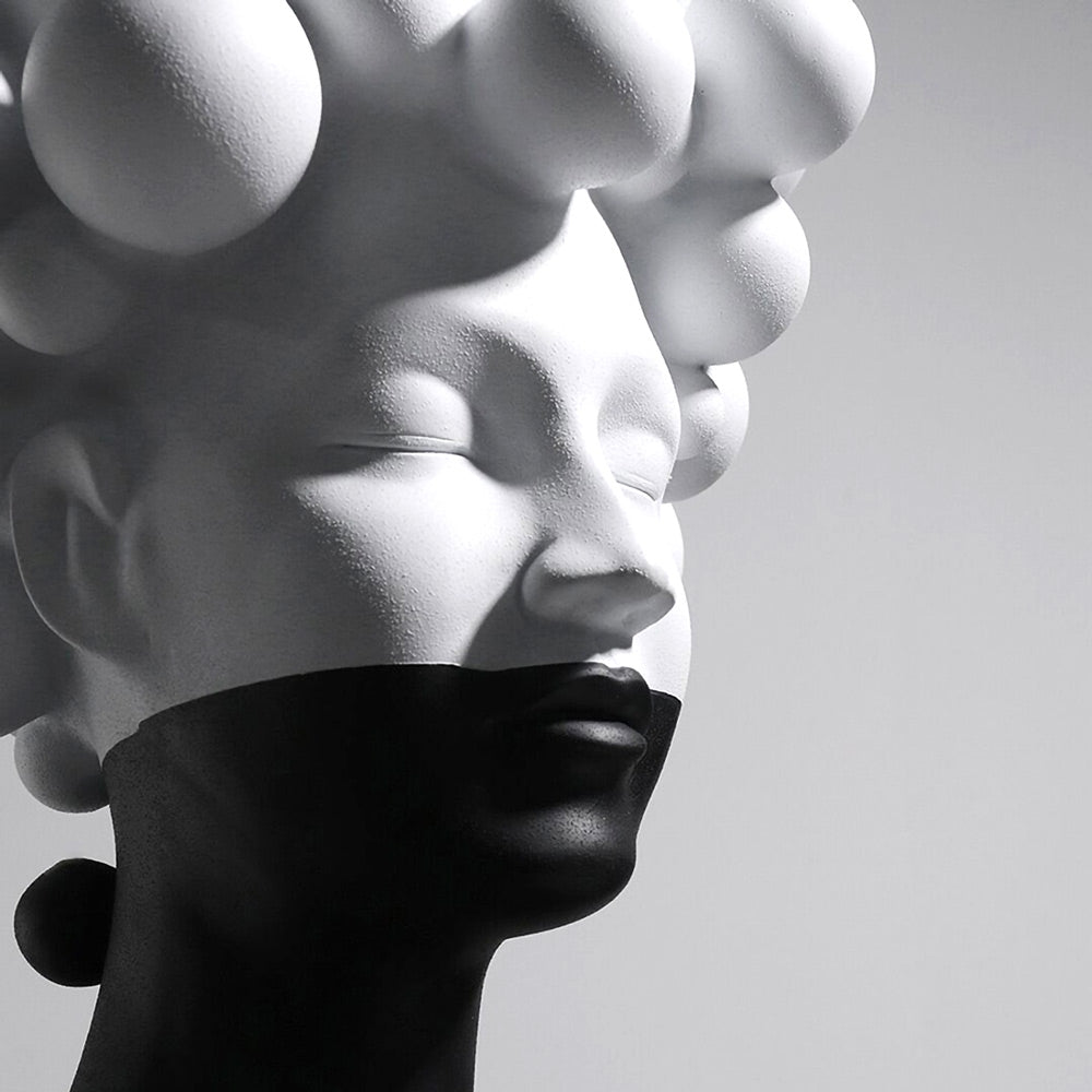 Modern woman head sculpture black white luxury home decor close up artistic details contemporary art