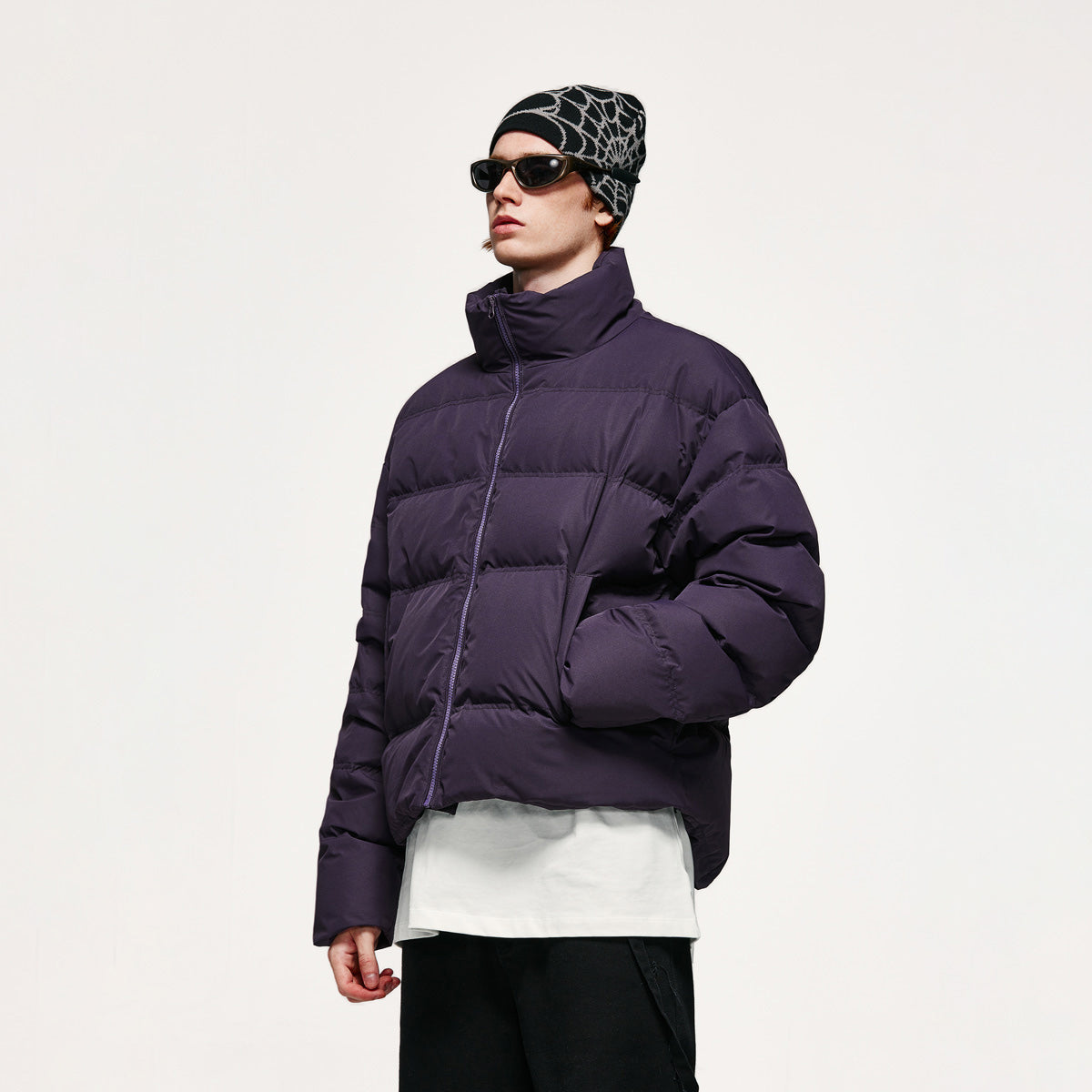 Purple and black puffer jacket online