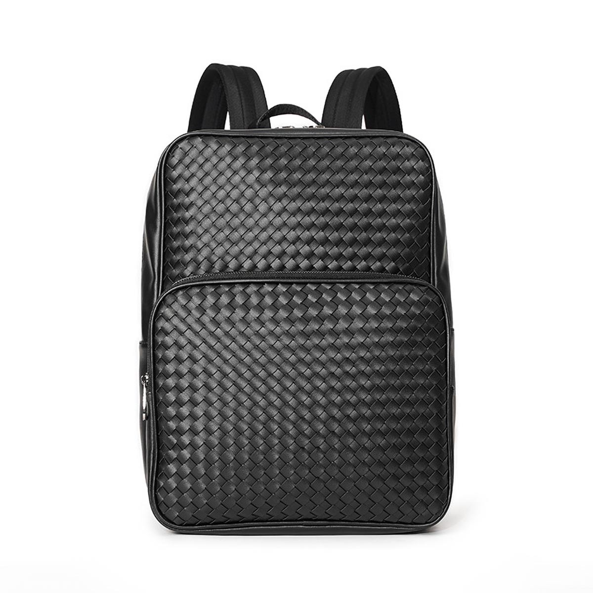 Black woven leather backpack with laptop compartment